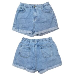 High-Waist Light Blue Denim Shorts - Casual Elastic Waist